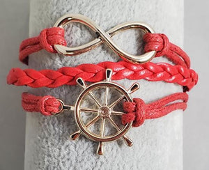 AZ463 Red Ship Wheel Infinity Leather Layer Bracelet