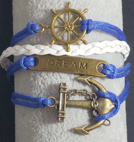 AZ707 Blue & White Dream Anchor Ship Wheel Leather Layer Bracelet