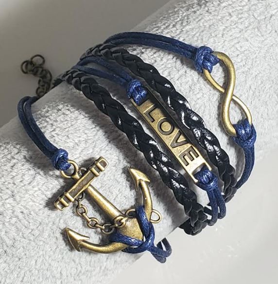 B318 Blue & Black Anchor Love Infinity Layer Leather Bracelet - Iris Fashion Jewelry