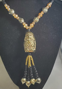 N2236 Black Bead Gold Owl Glass Long Necklace With Free Earrings - Iris Fashion Jewelry