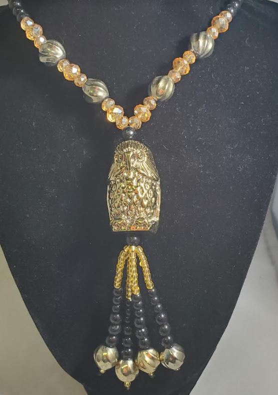 N2236 Black Bead Gold Owl Glass Long Necklace With Free Earrings - Iris Fashion Jewelry