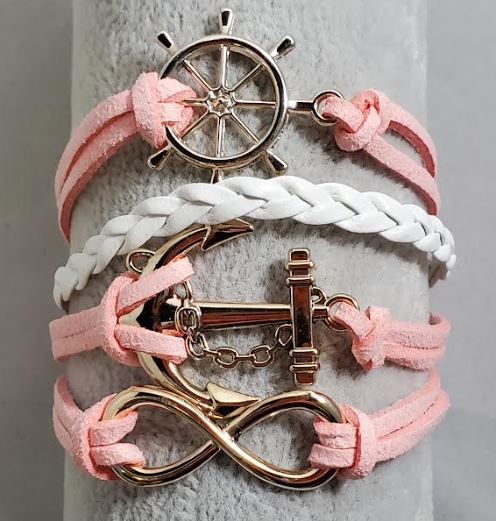 AZ1374 Light Pink & White Ship Wheel Anchor Infinity Layer Leather Bracelet