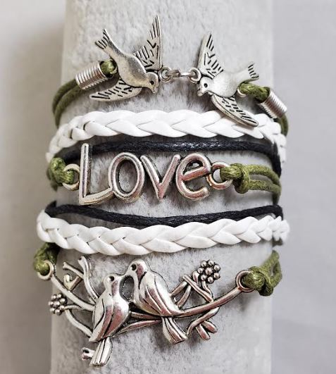 AZ1370 Green White Black Love Dove Bird Infinity Layer Leather Bracelet