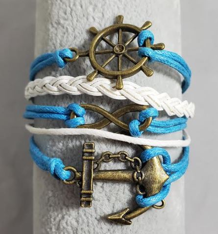 AZ1173 Turquoise Blue & White Ship Wheel Anchor Infinity Layer Leather Bracelet