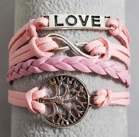 AZ1177 Light Pink Love Tree Infinity Layer Leather Bracelet