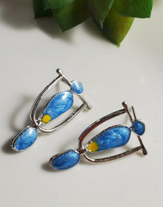 E908 Silver Blue Glitter Enamel Earrings - Iris Fashion Jewelry