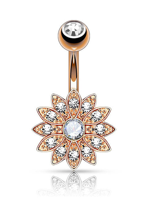 P44 Rose Gold Crystal Rhinestone Flower Belly Button Ring - Iris Fashion Jewelry