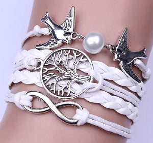 AZ477 White Dove Tree Pearl Infinity Leather Layer Bracelet