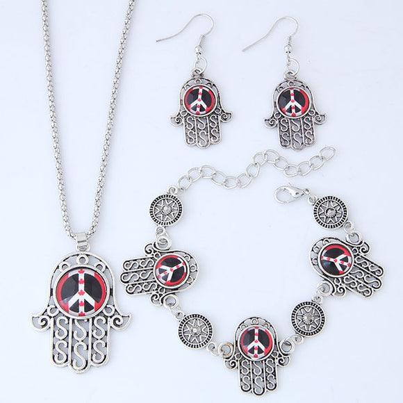 N927 Silver Red Peace Sign Hand Necklace with FREE Earrings & FREE Bracelet - Iris Fashion Jewelry