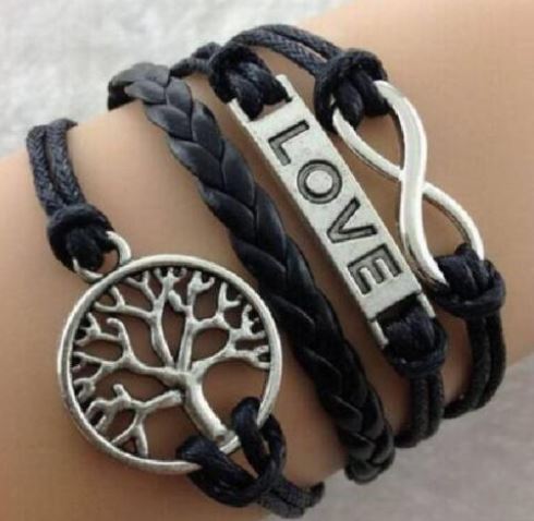 AZ1213 Black Love Tree Infinity Leather Layer Bracelet