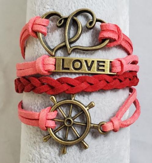 AZ1358 Red Love Heart Ship Wheel Infinity Layer Leather Bracelet