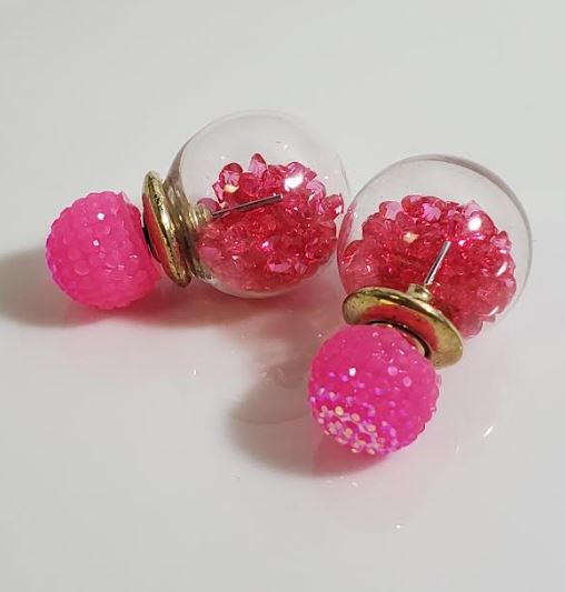 AZ1448 Iridescent Hot Pink Gem Filled Ball Earrings