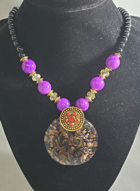 AZ22 Black Bead Purple Glass Long Necklace With Free Earrings - Iris Fashion Jewelry