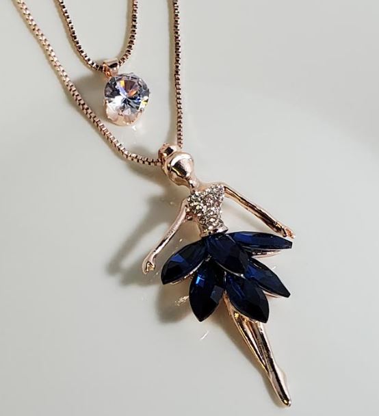 AZ517 Rose Gold Blue Gemstone Ballerina Necklace with FREE Earrings