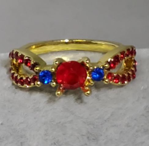 R644 Gold Red & Blue Rhinestone Ring - Iris Fashion Jewelry