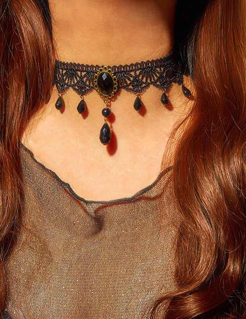 N1070 Black Lace Bead Dangle Choker Necklace with FREE Earrings - Iris Fashion Jewelry