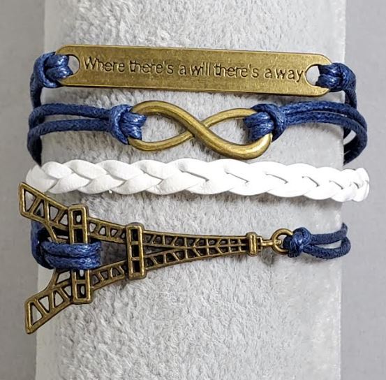 AZ429 Navy Blue & White Where There's A Will There's A Way Eiffel Tower Infinity Leather Layer Bracelet