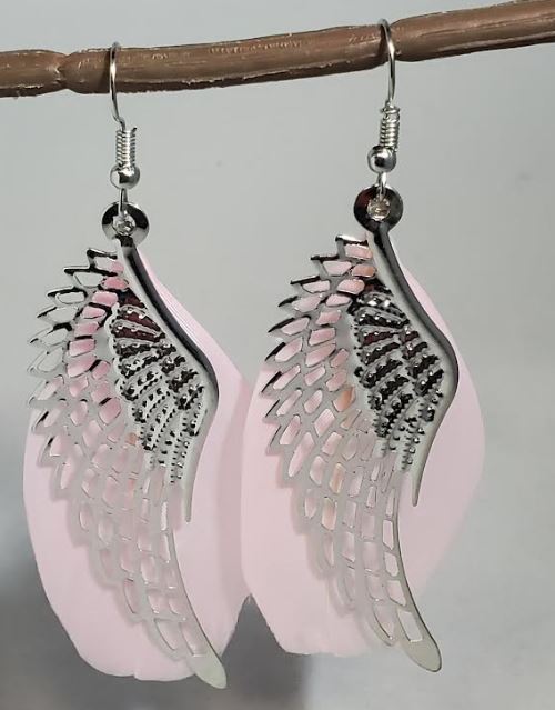 *E1030 Large Silver Wing with Light Pink Feather Earrings