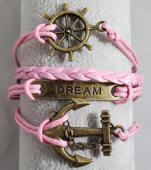 AZ1185 Light Pink Dream Ship Wheel Anchor Infinity Layer Leather Bracelet