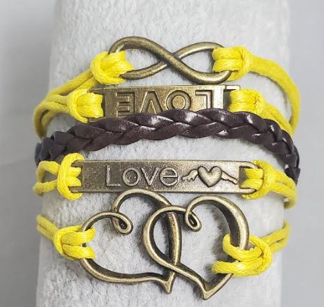 AZ475 Yellow & Brown Love Heart Infinity Leather Layer Bracelet