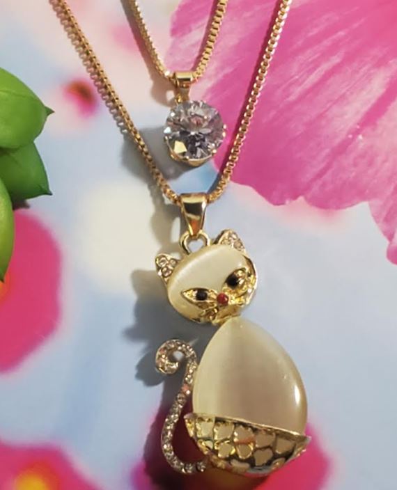 AZ605 Gold Moonstone Kitty Cat Necklace with FREE EARRINGS