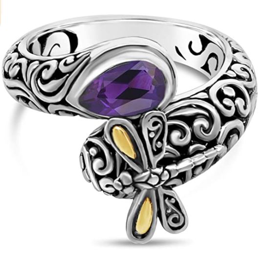 R217 Silver Gold Accent Deep Purple Gem Dragonfly Ring - Iris Fashion Jewelry