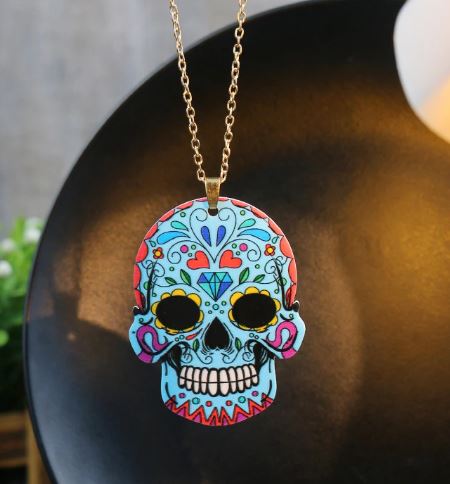 N1675 Blue Sugar Skull Acrylic Long Necklace with FREE Earrings