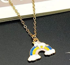 L91 Gold Baked Enamel Rainbow & Unicorn Necklace FREE Earrings