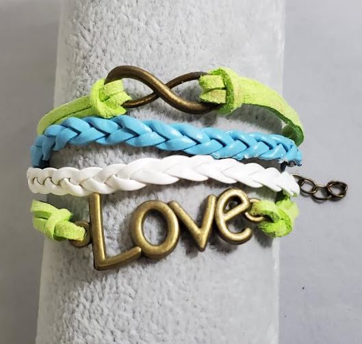 AZ271 Lime Green Blue White Love Infinity Leather Layer Bracelet