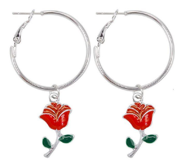 E760 Silver Hoop Red Rose Earrings - Iris Fashion Jewelry