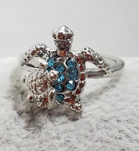 R719 Silver Blue Rhinestone Turtle Ring - Iris Fashion Jewelry