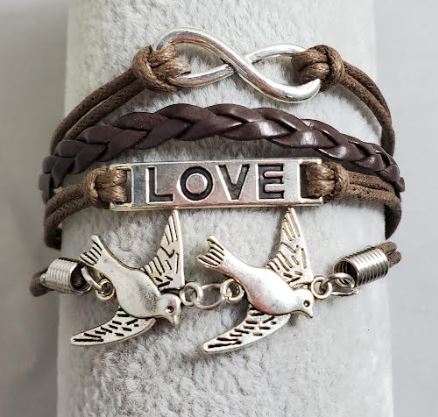 AZ1469 Brown Love Dove Infinity Layer Leather Bracelet