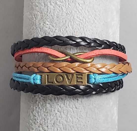 B786 Black Red Blue Love Infinity Leather Layer Bracelet