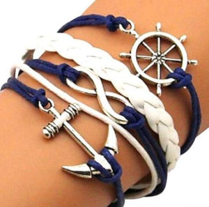 AZ1279 Blue & White Ship Wheel Anchor Infinity Layer Leather Bracelet