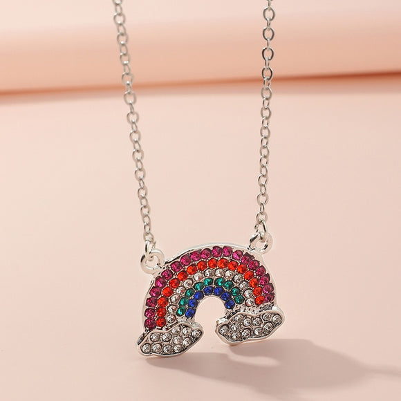 N2205 Silver Colorful Rhinestone Rainbow Necklace FREE Earrings - Iris Fashion Jewelry
