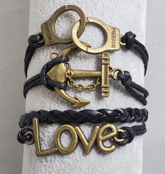 AZ789 Black Handcuff Anchor Love Infinity Leather Layer Bracelet