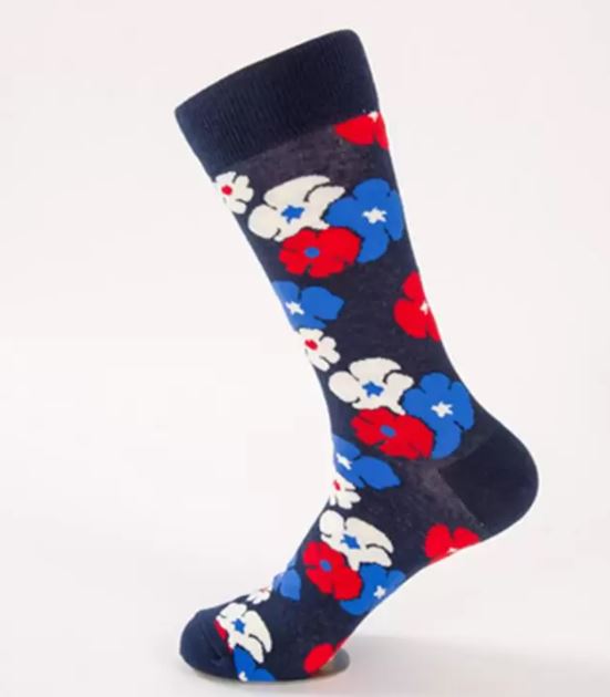 SF349 Navy Blue Red White Blue Flower Socks - Iris Fashion Jewelry
