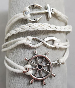 AZ982 White Anchor Ship Wheel Infinity Layer Leather Bracelet