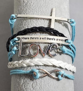 AZ758 Blue Black White Cross Love Where There's a Will There's a Way Infinity Leather Layer Bracelet