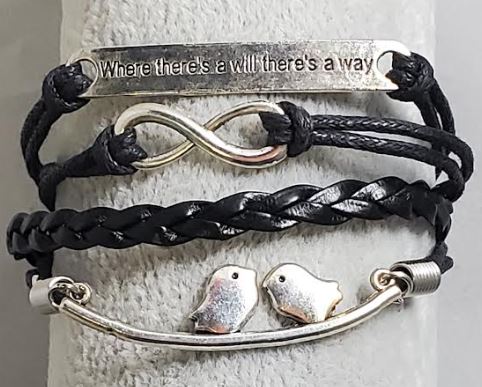 AZ742 Black Where There's a Will There's a Way Bird Infinity Leather Layer Bracelet