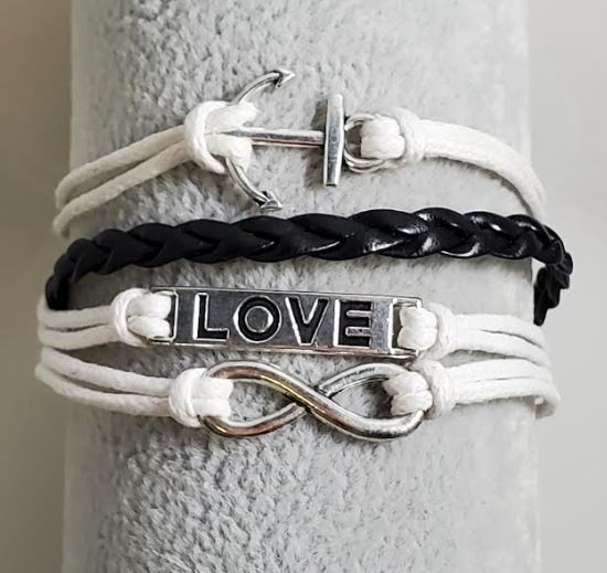 AZ589 White & Black Anchor Love Infinity Leather Layer Bracelet