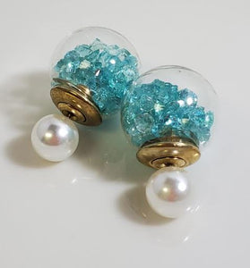 AZ1439 Pearl Aqua Gem Filled Ball Earrings