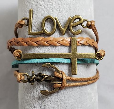 AZ1479 Brown & Teal Love Cross Anchor Infinity Layer Leather Bracelet