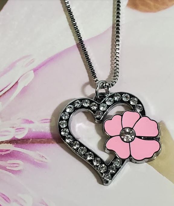 AZ84 Silver Rhinestone Heart Pink Flower Necklace with FREE Earrings - Iris Fashion Jewelry