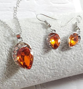 *N1553 Silver Orange Gemstone with Rhinestones Necklace with FREE Earrings