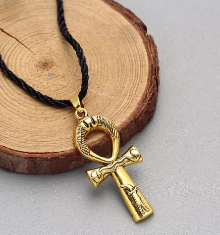 AZ671 Gold Ankh Cross on Leather Cord Necklace with FREE EARRINGS