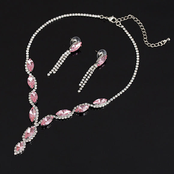 N679 Silver Light Pink Gemstone Rhinestone Necklace with FREE Earrings - Iris Fashion Jewelry