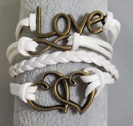 AZ1058 White Love Heart Infinity Layer Leather Bracelet