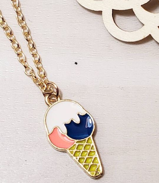 L488 Gold Baked Enamel Ice Cream Cone Necklace FREE Earrings