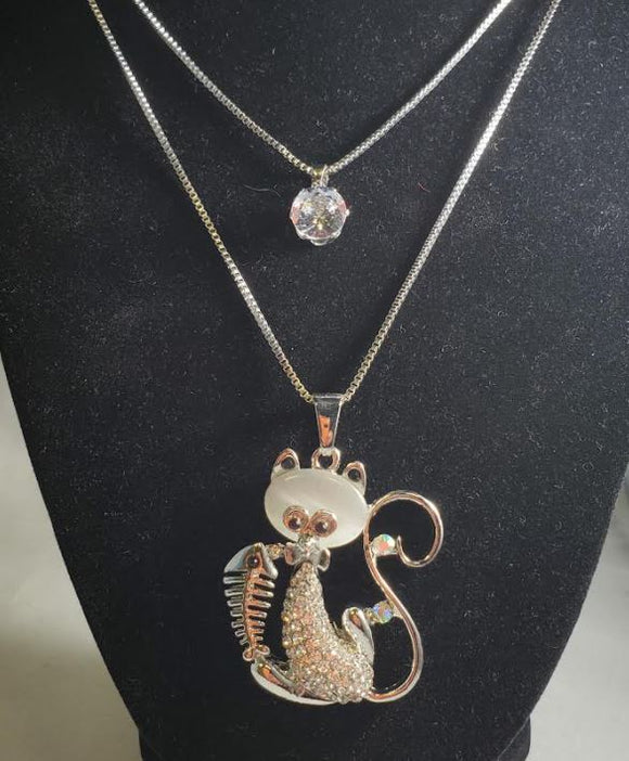 N2234 Silver Moonstone Cat & Fishbone Necklace with FREE EARRINGS - Iris Fashion Jewelry